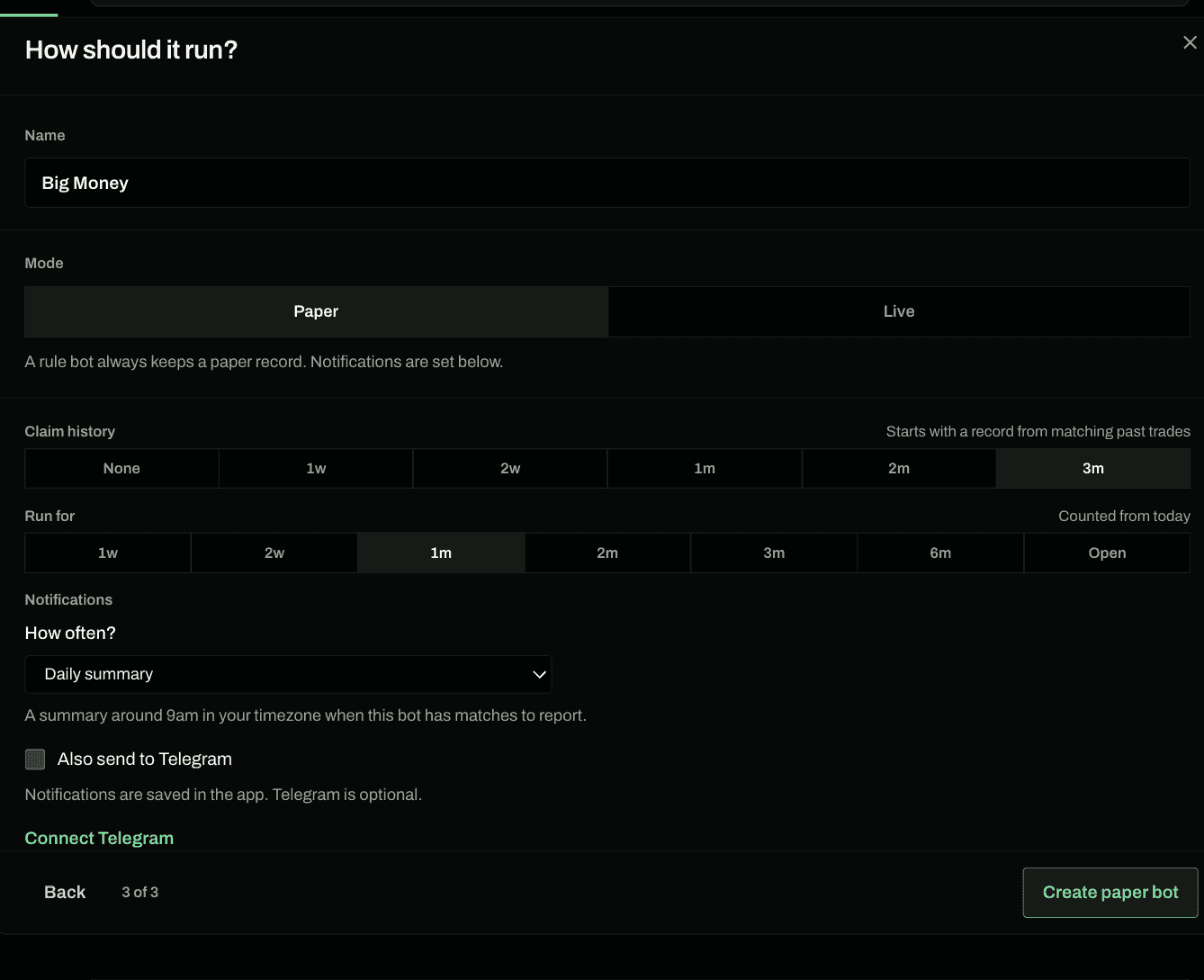 Step three of the bot builder, the mode, schedule and notification settings