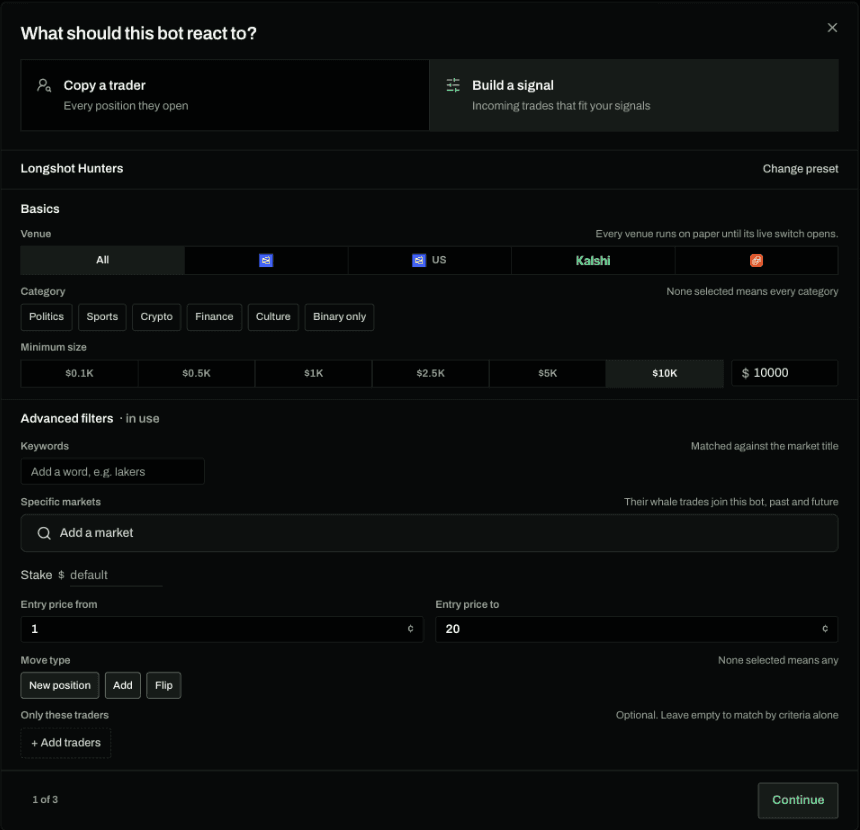 Step one of the bot builder with the Longshot Hunters signal loaded and every filter shown